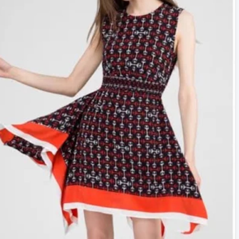 Maje Black and Red Patterned Sleeveless Fit-and-Flare Dress with Orange Trim